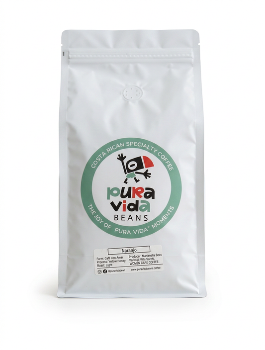 "Front label of Naranjo light roast coffee bag by Pura Vida Beans — Farm: Café con Amor, Variety: Villa Sarchi, Process: Yellow Honey, Roast: Light, Producer: Marianella Bozo. Women Care Coffee. Costa Rican Specialty Coffee, freshly roasted in Berkeley, CA."