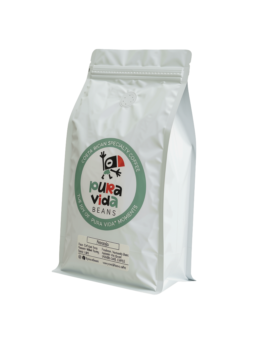 Naranjo a light roast coffee bag by Pura Vida Beans — single-origin Villa Sarchi, Yellow Honey process, direct-trade from Farmers Project, sourced from Café con Amor farm in Cañuelas, Naranjo, Alajuela, Costa Rica, freshly roasted in Berkeley, CA