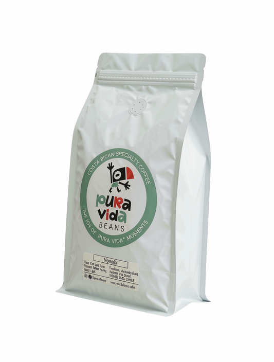 Naranjo a light roast coffee bag by Pura Vida Beans — single-origin Villa Sarchi, Yellow Honey process, direct-trade from Farmers Project, sourced from Café con Amor farm in Cañuelas, Naranjo, Alajuela, Costa Rica, freshly roasted in Berkeley, CA